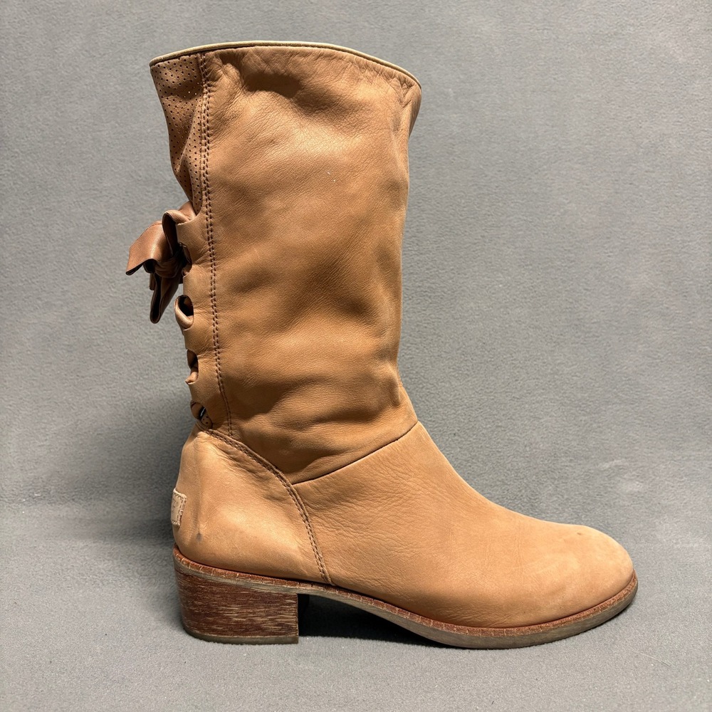UGG Joss Leather Mid-Calf Boots Womens 8.5 Tan Good Lace Up Ribbon 1004872